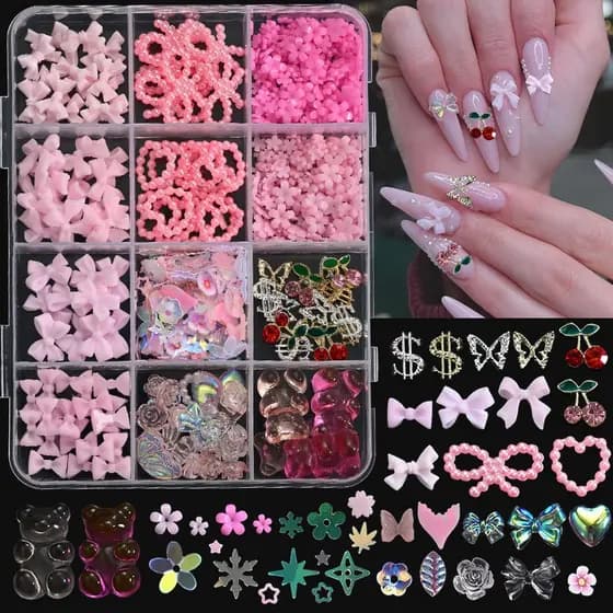 Misturado Liga de Urso Kawaii Cereja Nail Art Encantos Borboleta Flor Bowknot Strass DIY Manicure Decoração
