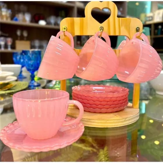 Conjunto Xícaras Com Pires Petala Rosa Cha e Cafe 12 Peças Transparente Vidro 100ml Decorada