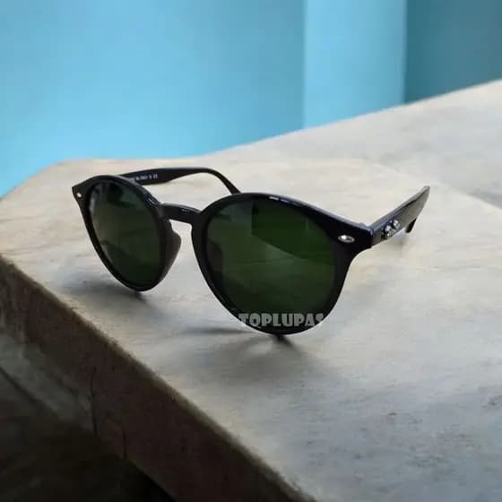 Óculos Sol Round 2180 Stylish Preto Lentes Verde G15 Cristal Armação Acetato Resistente