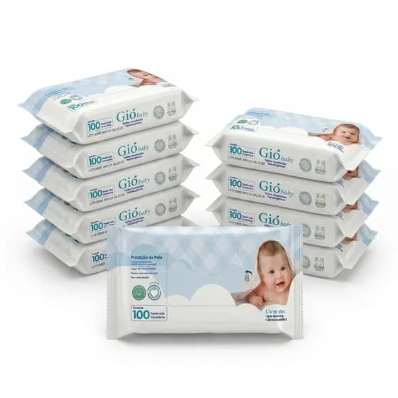 Kit 10 Toalhas Umedecidas Gio Baby 100 Folhas 98% Água Lenço umedecido bebê Vegano Hipoalergênico