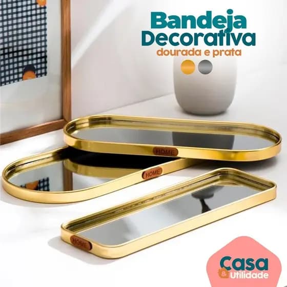 Bandeja Espelhada Metal Decorativa Decoração Organizador De Vidro Multiuso