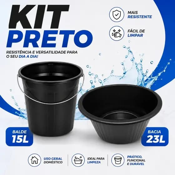 Kit Limpeza Bacia 23L e Balde 15L Preto Material Resistente Uso Doméstico 2 Peças