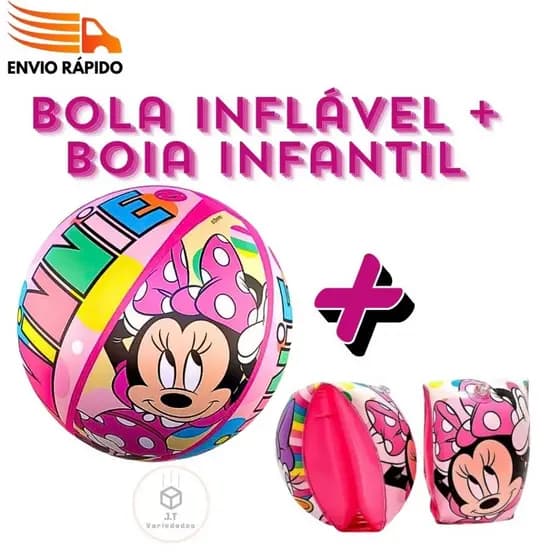 Kit Bola inflável e Boia de Braço Infantil Minnie Menina Rosa Criança Piscina Praia