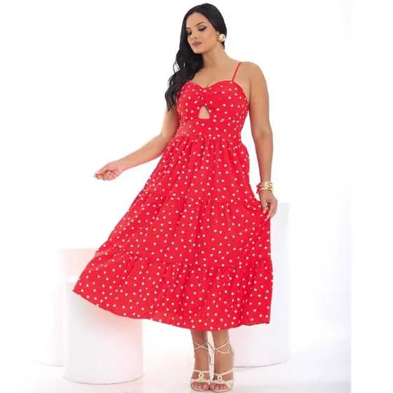 Vestido Elegante Feminino Midi Vermelho Com Bojo, Lastex e Alças Ajustáveis em Tecido Crepinho