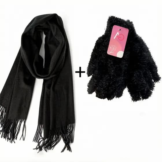 【Conjunto para o Inverno】Cachecol de lã preta com franjas + luvas de pelúcia com tela sensível ao toque, estilo coreano,