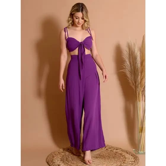 Conjunto de Top Com Bojo e Calça Pantalona de Viscose