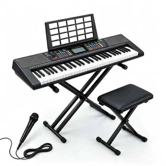 Piano digital VEDO de 61 teclas, kit de teclado de piano elétrico, 256 timbres, 256 ritmos — inclui suporte para piano,