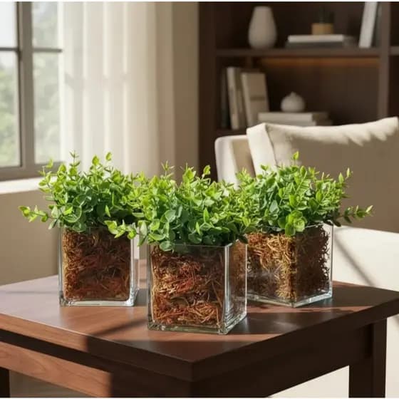 Kit 3 vasinhos de vidro com planta artificial para decoração