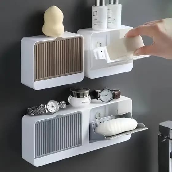 Saboneteira De Parede Com Tampa Flip Recipiente Armazenamento Banheiro Escorredor Duplo Top