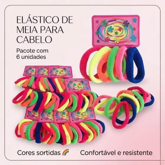 KIT 6 Elásticos de Meia para Cabelo Colorido – Xuxinha Macia para Prender Cabelo