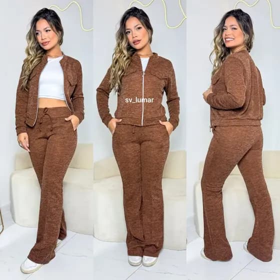 Conjunto Femenino Lanzinha Ribi Canelada 2 Peças – Casaco com Zíper e Calça Pantalona Flare com Bolsos plus size