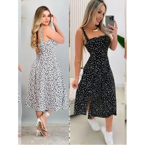 01 Vestido Mídi Romântico Estampado Floral com Alça e Elastex Cruzado Costa Moda 2026