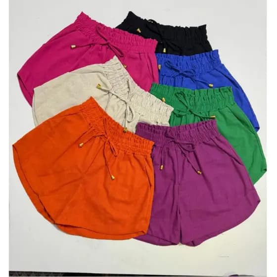 Shorts Linho Curto Feminino Com Elástico Na Cintura Bolso Lateral