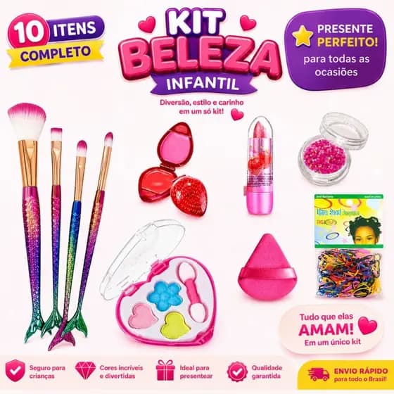Kit Beleza Infantil Completo com 10 Itens | Maquiagem Infantil