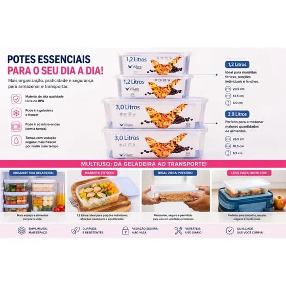 kit com 4 potes Volare. 2 potes de 1,2/ 2 potes Volare 3,0 100% BPA