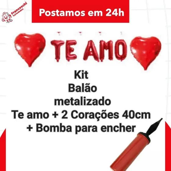 Kit Balão Metalizado 40cm - TE AMO + 2 CORAÇÕES + BOMBA para encher promoção amor bexigas balões.
