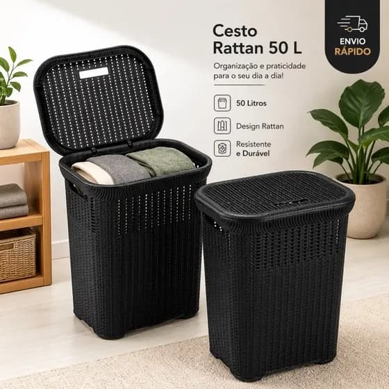 Cesto de Roupa Suja Grande com tampa Rattan 50 litros