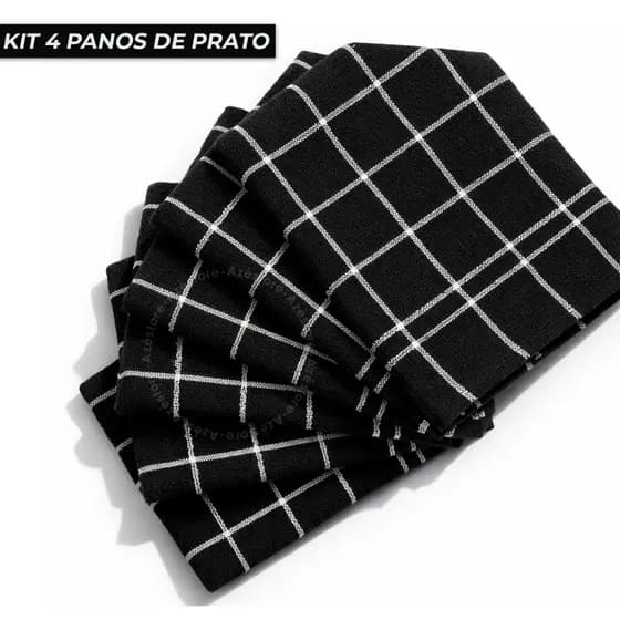 Kit 4 Panos de Prato Grosso Toalhado Listrado Preto 100% Algodão Cozinha