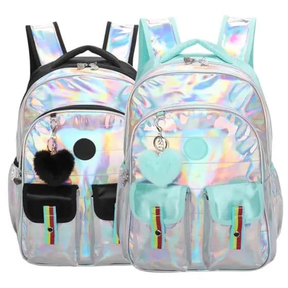 Mochila Escolar Para Menina Com Alças Reguláveis Holográfica Furta Cor Com Bolso Preto E Rosa