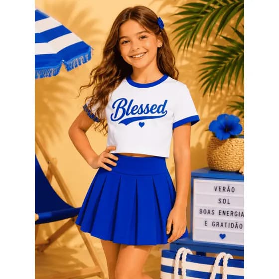 Conjunto Infantil Menina Brasil Copa Do Mundo Futebol Algodão 100% Plissado Colegial Luxo Estiloso