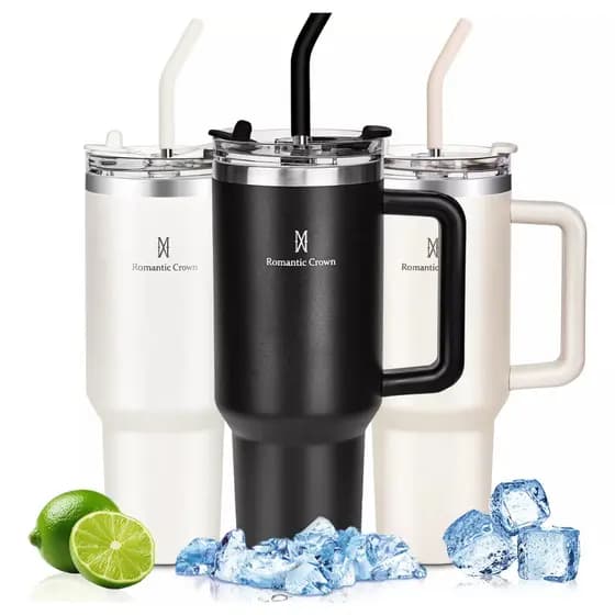 ROMANTIC CROWN Copo Térmico Inox 600ml/1.2L com Tampa Hermética e Canudo Anti Vazamento de Aço Inoxidável