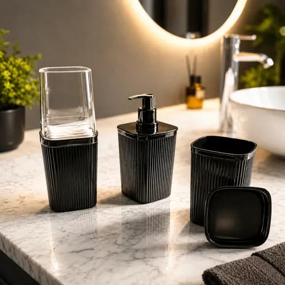 Kit Banheiro Lavabo Conjunto Porta Escova Sabonete Liquido Porta Algodão Marmorizado