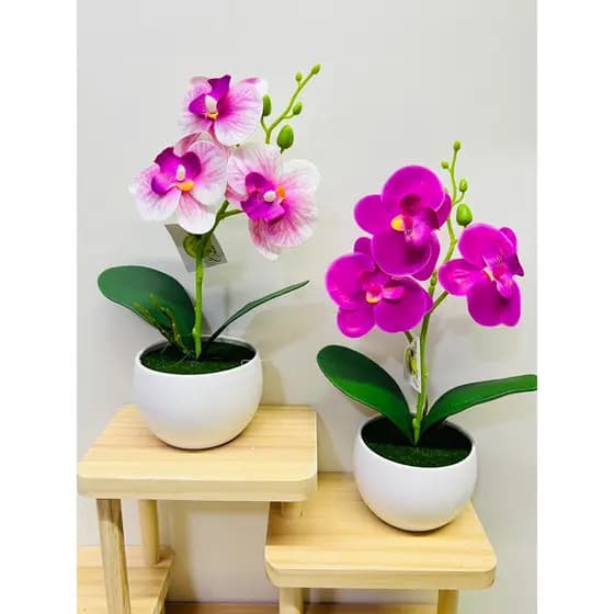 arranjo orquídea artificial com vaso redondo altura 22cm