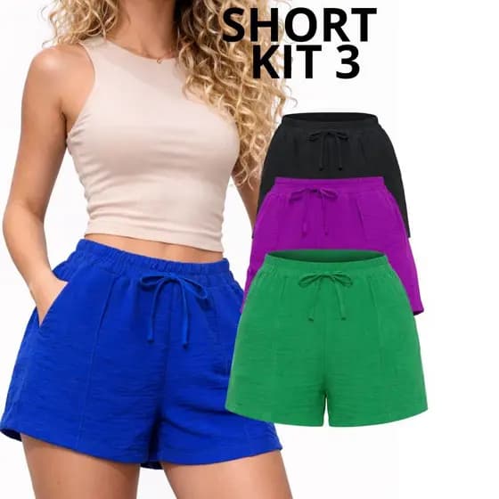 Kit 3 Short Feminino Cintura Alta Com Bolso Soltinho Confortável Tecido Duna Moda Verão