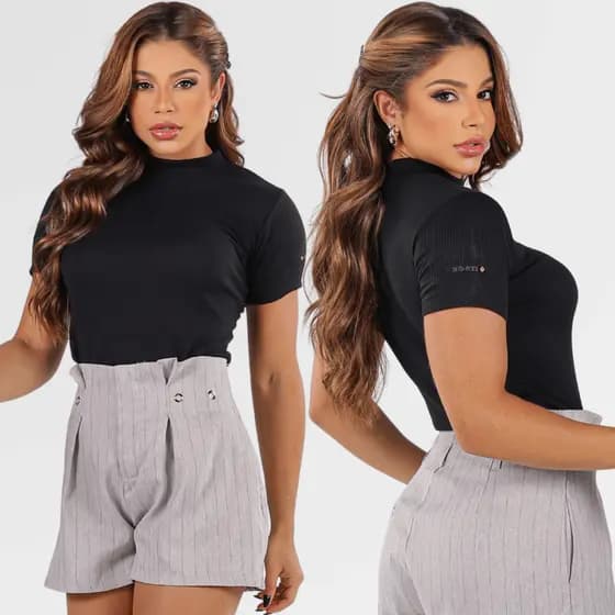 Blusa Feminina Gola Alta Camiseta Canelada Manga Curta T Shirt Moderna Básica