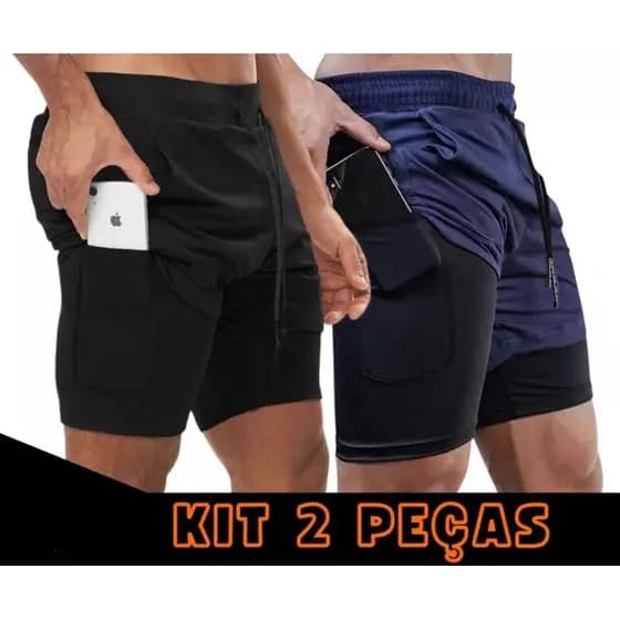Kit 2 Short Academia DryFit Short 2 em 1 Bermuda Academia Masculina Treino Elastano