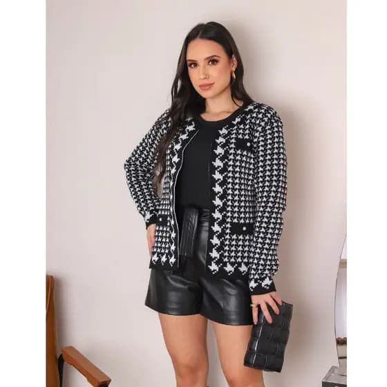 Casaco Cardigan Feminino de Tricot em Lã – Estampa Pied de Poule