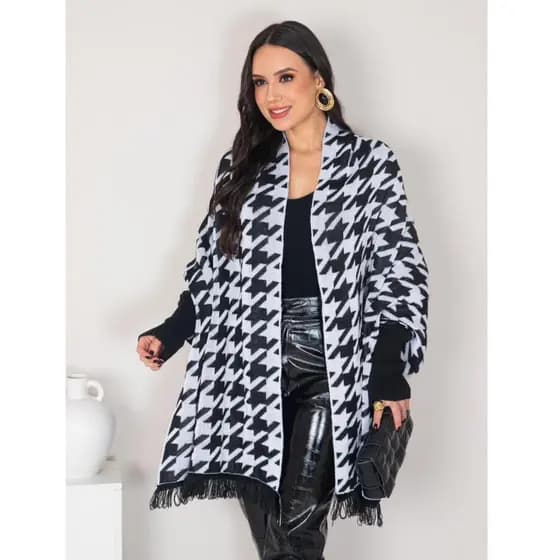 Capa Poncho Casual Tricot Pied Poule Feminino Franjas Manga Longa Outono Inverno