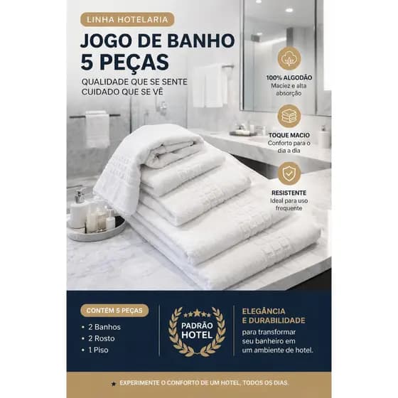 JOGO DE BANHO 5 PEÇAS BRANCO LINHA HOTEL MACIEZ E LUXO - BANHO, ROSTO E PISO