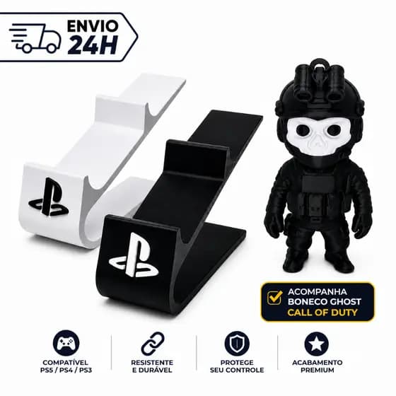 Suporte Para 2 Controles PS5/PS4 Branco e Preto Base Compacta Em Alto Relevo Decoração Gamer
