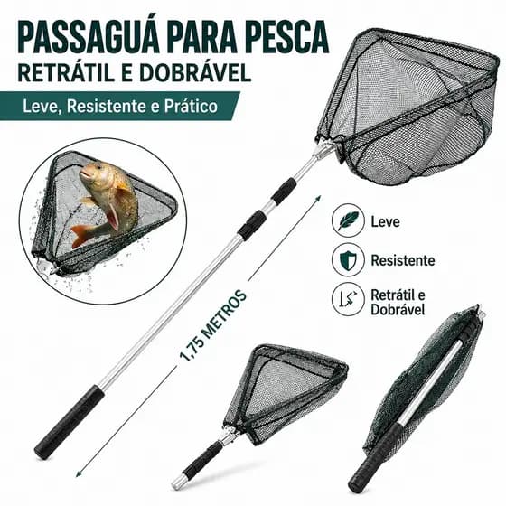Passaguá de Pesca 1,75m em Alumínio Retrátil Dobrável – Ideal para Lago, Rio e Pesca Esportiva