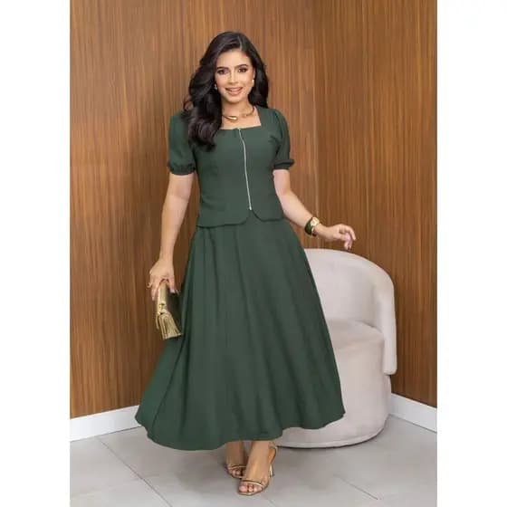 Conjunto Zelene Godê Maxi Midi com Zíper Frontal Elegante Feminino Composto Moda Cristã
