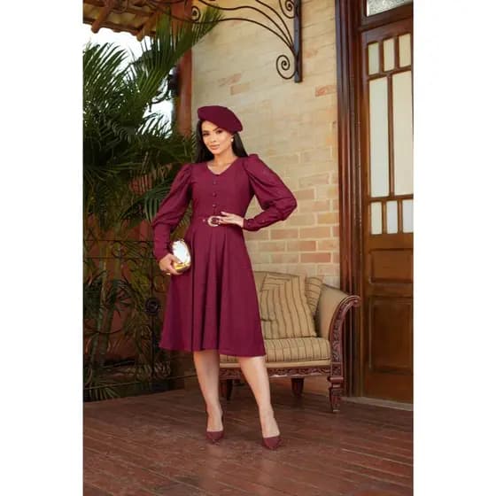 Vestido Elegante Emely Midi com Cinto e Mangas Bufantes Moda Evangélica