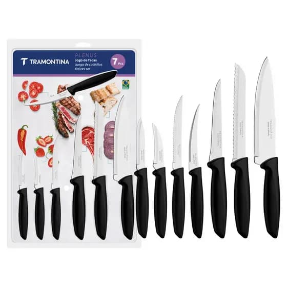 Jogo de Facas Tramontina Preto Plenus 7 Peças Aço Inox Cozinha Faqueiro Multiuso Durável Uso Geral