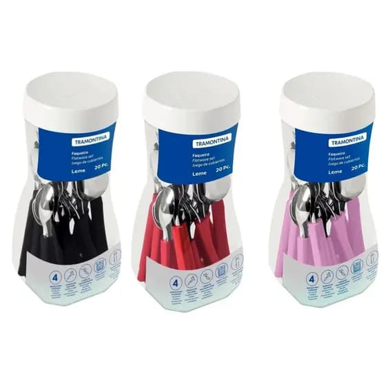 Faqueiro Jogo De Talheres Leme 20 Pçs Tramontina Lâminas Aço Inox Cabo Polipropileno Brilho Cozinha