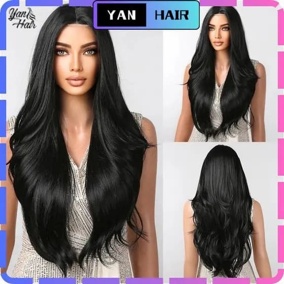 YAN-HAIR Peruca orgânico ondulado 70cm Preta Premium Com Silk Top100%rgânica