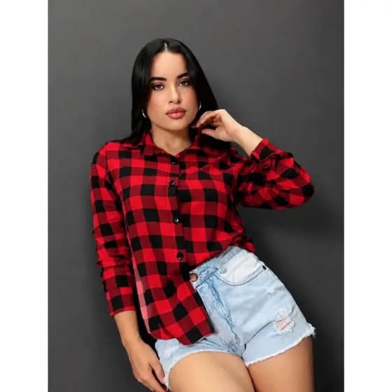 Camisa Feminina Xadres Preto e Branco Manga Longa Casual Confortavel Moda Feminina