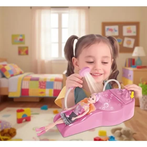 Kit Lavatório Boneca Salão Cabeleireiro Infantil Brinquedo Menina Secador Escova Pente Maquiagem