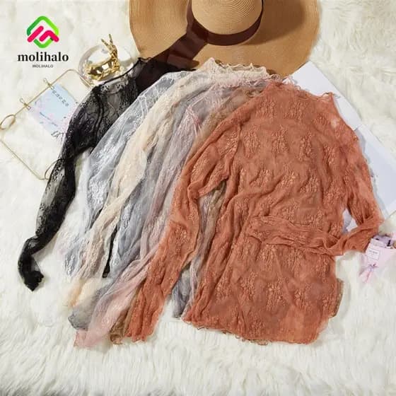 MOLIHALO Blusas Femininas De Renda , Camisa Preta Transparente , Malha De Manga Comprida