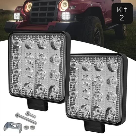 Kit 2 Farol De Milha 48w Quadrado Branco Frio Carro Caminhonete Mecânica Caminhão Luz 16 Led 12v