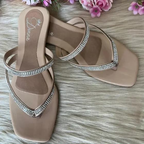 Sandália Feminina Rasteirinha Strass Horizontal Duas Tiras
