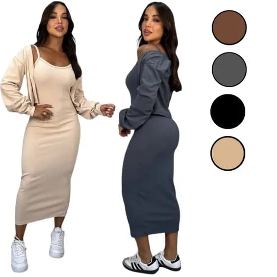 Vestido Com Casaco Canelado Conjunto Canelado Vestido Longo