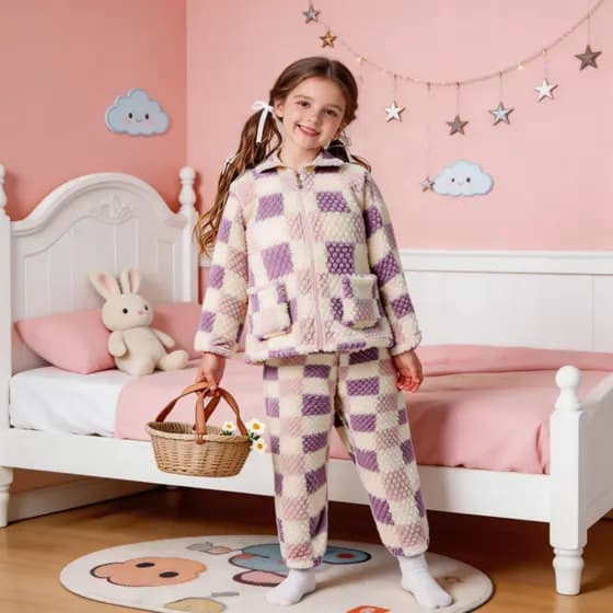 Conjunto Pijama Menina Quentinho Peluciado Xadrez Luxo Com Zíper E Calça
