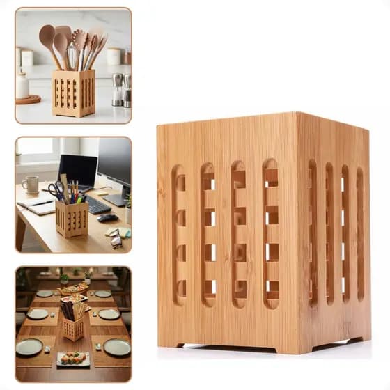 Porta Talher Lápis Canetas Maquiagem Trecos Organizador Suporte Mesa Bancada Buffet Escritório Bambu
