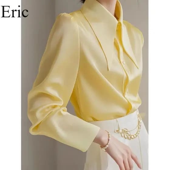 Top amarelo Plus Size roupas femininas camisa temperamento de alta qualidade tecido de cetim de acetato Design de nicho