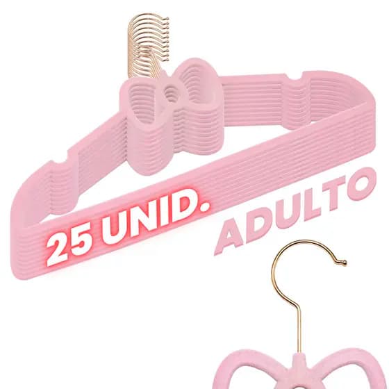 Kit 25 Cabides Veludo Rosa Gancho Rose Slim Formato Laço